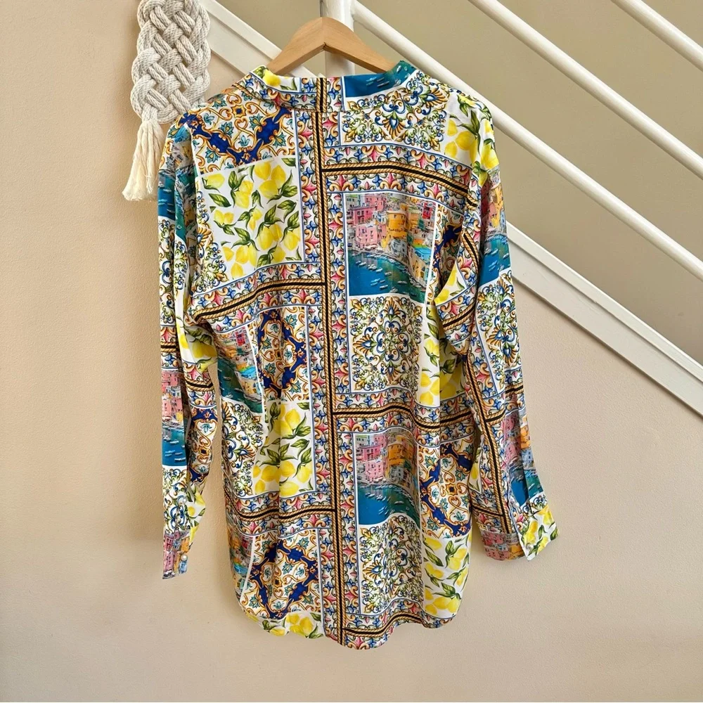 NWT Terez Amalfi Coast Patchwork Print Long Sleeve Blouse Yellow Blue Multi MED - Picture 6 of 16